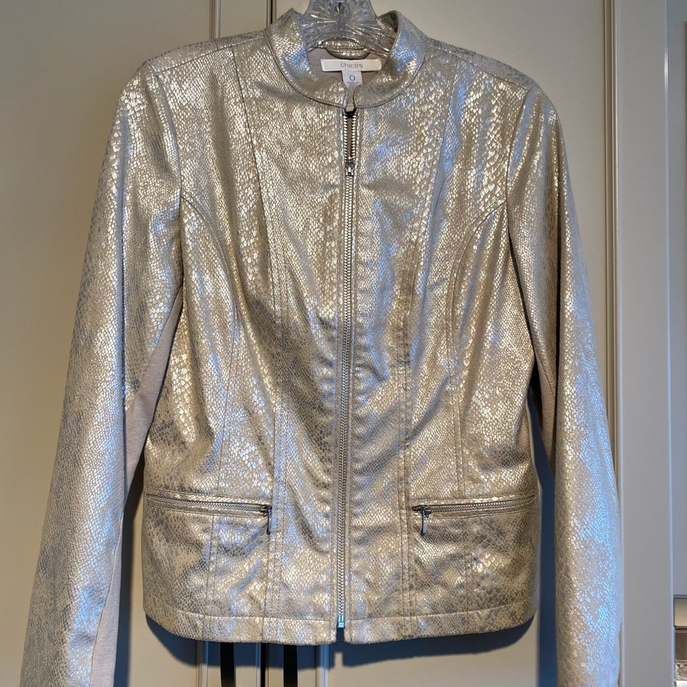 BNWT Chico’s Leather Metallic reptile print jacket. Chicos size 0/4/6. $169